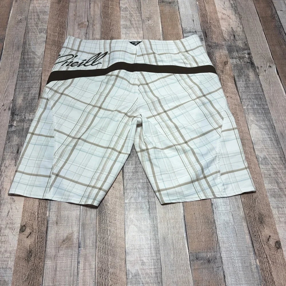 O'Neill Superfreak Board Shorts Mens 36 White Brown Plaid Y2K Surf Swim Trunks